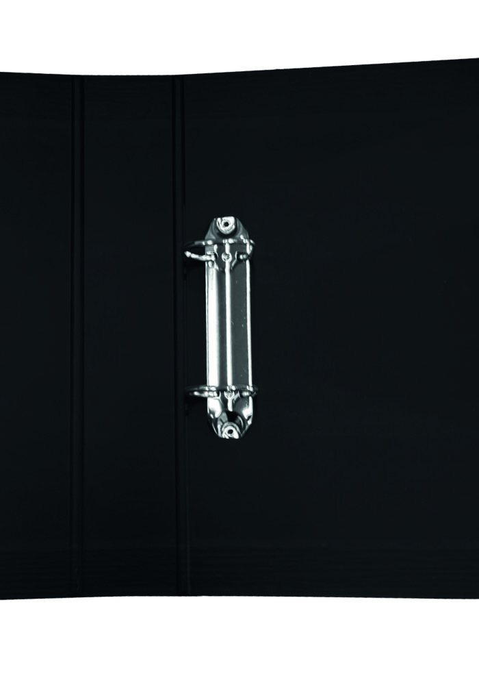 Close-up view of a binder clip attached to a black folder, showcasing its metallic fastener.
