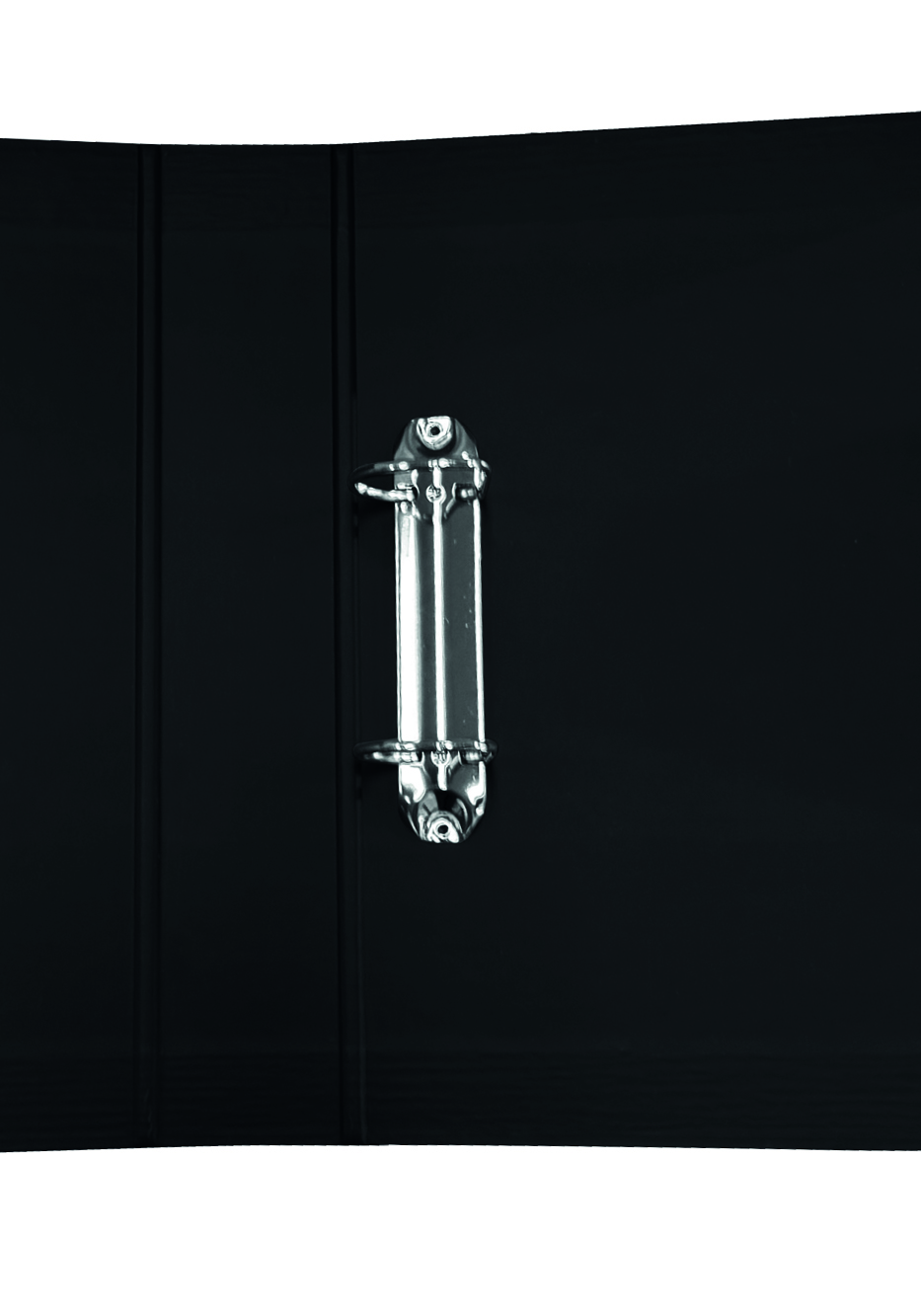 Close-up view of a binder clip attached to a black folder, showcasing its metallic fastener.