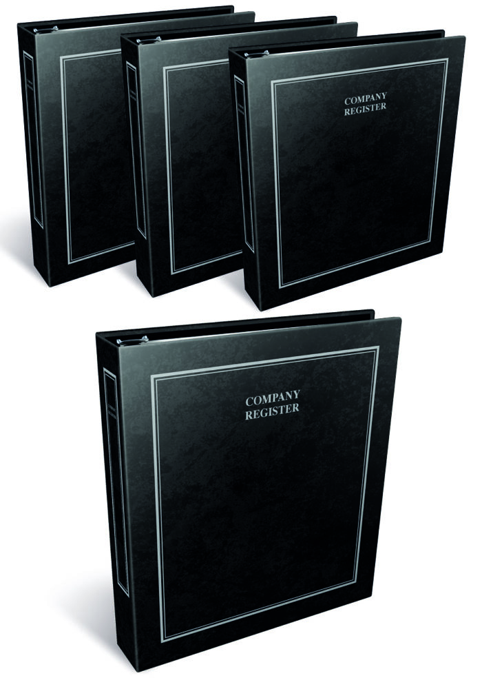 Four black binders labeled 'Company Register,' organized for business documentation.