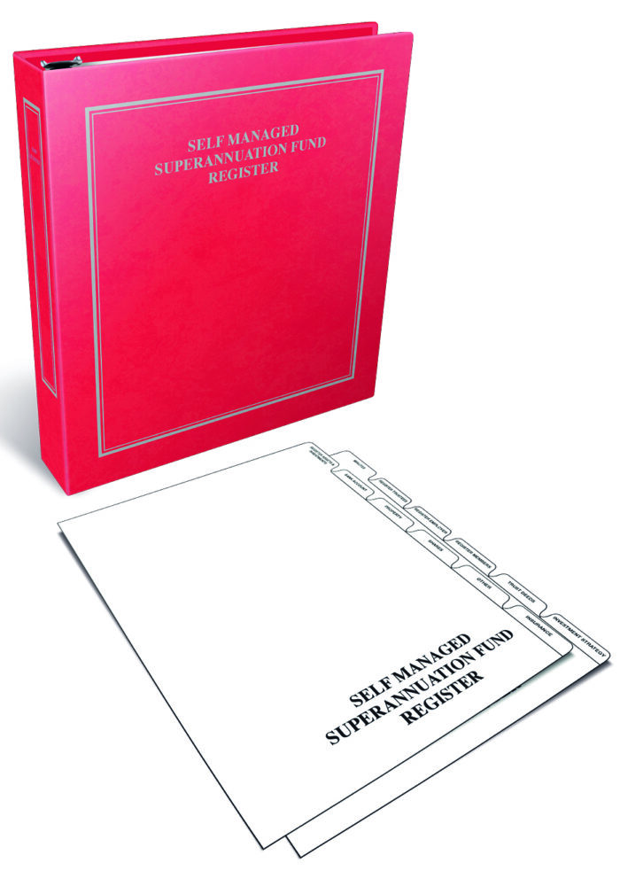A red binder labeled 'Self Managed Superannuation Fund Register' with a white sheet marked with the same title and categorized tabs for organization.