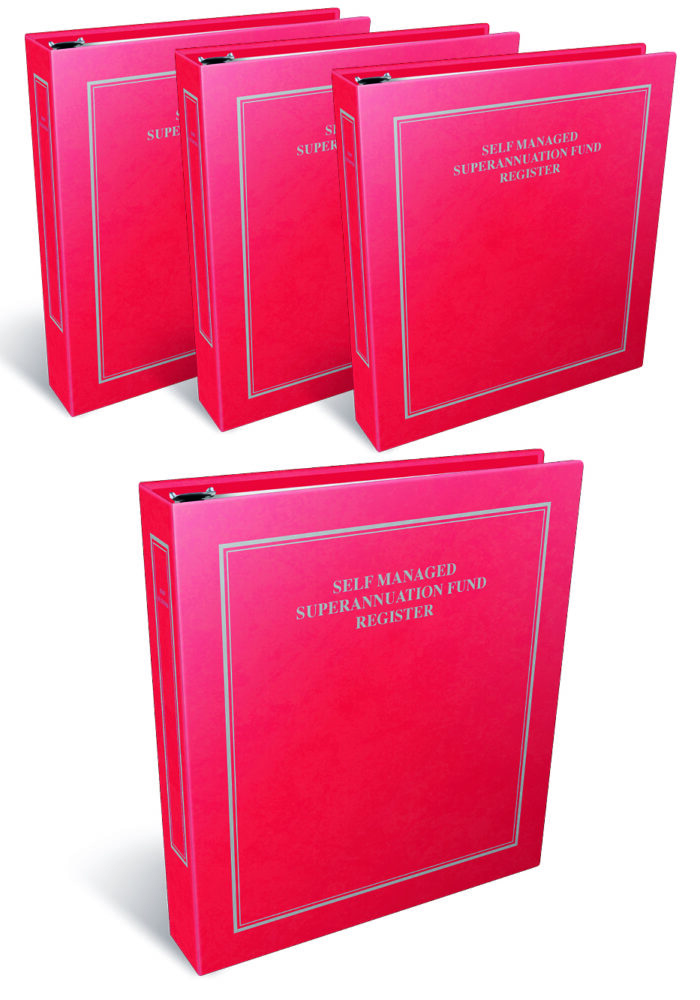 Four red binders labeled "Self Managed Superannuation Fund Register" displayed in a neat arrangement.