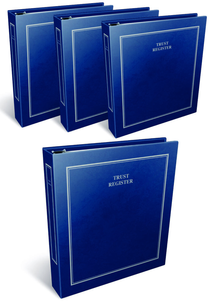A set of four blue binders labeled "Trust Register," organized for record-keeping purposes.