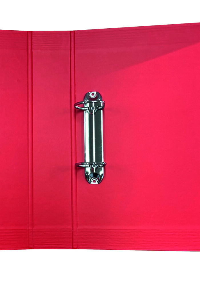 A close-up of a red binder with a metal ring mechanism in the center.