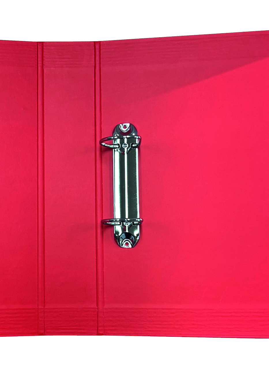 A close-up of a red binder with a metal ring mechanism in the center.