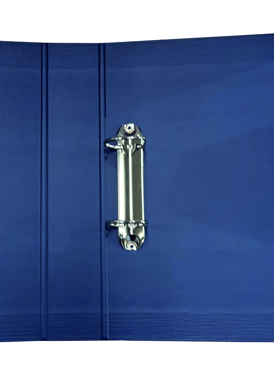 A close-up view of a blue binder featuring a metallic ring closure, showcasing the texture and detail of the binder's surface.