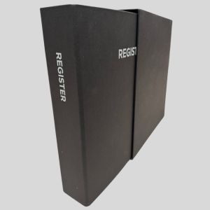 Black enviro ring binder and slipcase with the word "REGISTER" printed on their front, displayed against a light background.