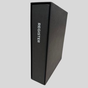 Black enviro ring binder and slipcase with the word "REGISTER" printed on their front, displayed against a light background.