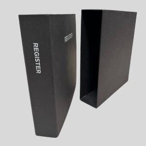 Black enviro ring binder and slipcase with the word "REGISTER" printed on their front, displayed against a light background.