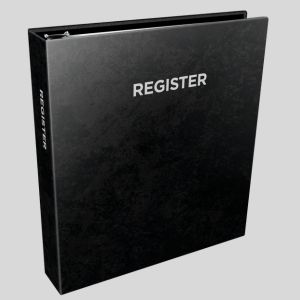 Black enviro ring binder and slipcase with the word "REGISTER" printed on their front, displayed against a light background.