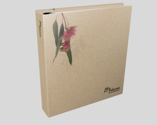 A property handover ring binder with a natural cardboard cover featuring a printed image of a pink flower and green leaves, with "MyHome" printed in small black letters at the bottom right.