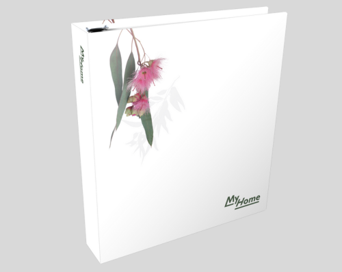 White property handover ring binder with a floral design and the text "MyHome" on the cover.
