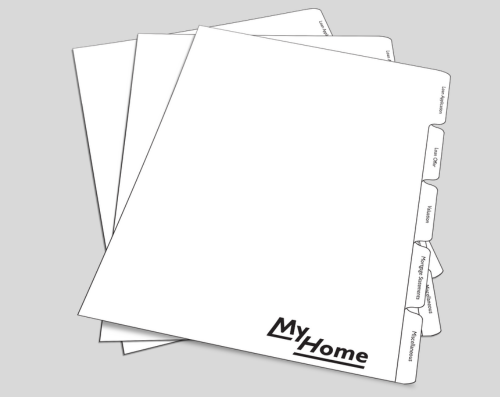 A stack of white, tabbed file folders with the text "My Home" written on the visible tab of the foremost folder. Designed to suite mortgage broker ring binder box