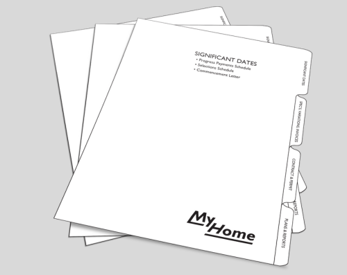 A stack of white, labeled documents titled "My Home," with the top sheet displaying "SIGNIFICANT DATES" and a list, angled to reveal tabbed sections behind it. Designed for property handover kits and ring binder boxes