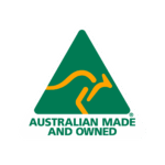 Alt text: Logo showing a green triangular sign with a yellow kangaroo in the center, alongside the text "AUSTRALIAN MADE AND OWNED" against a black background.