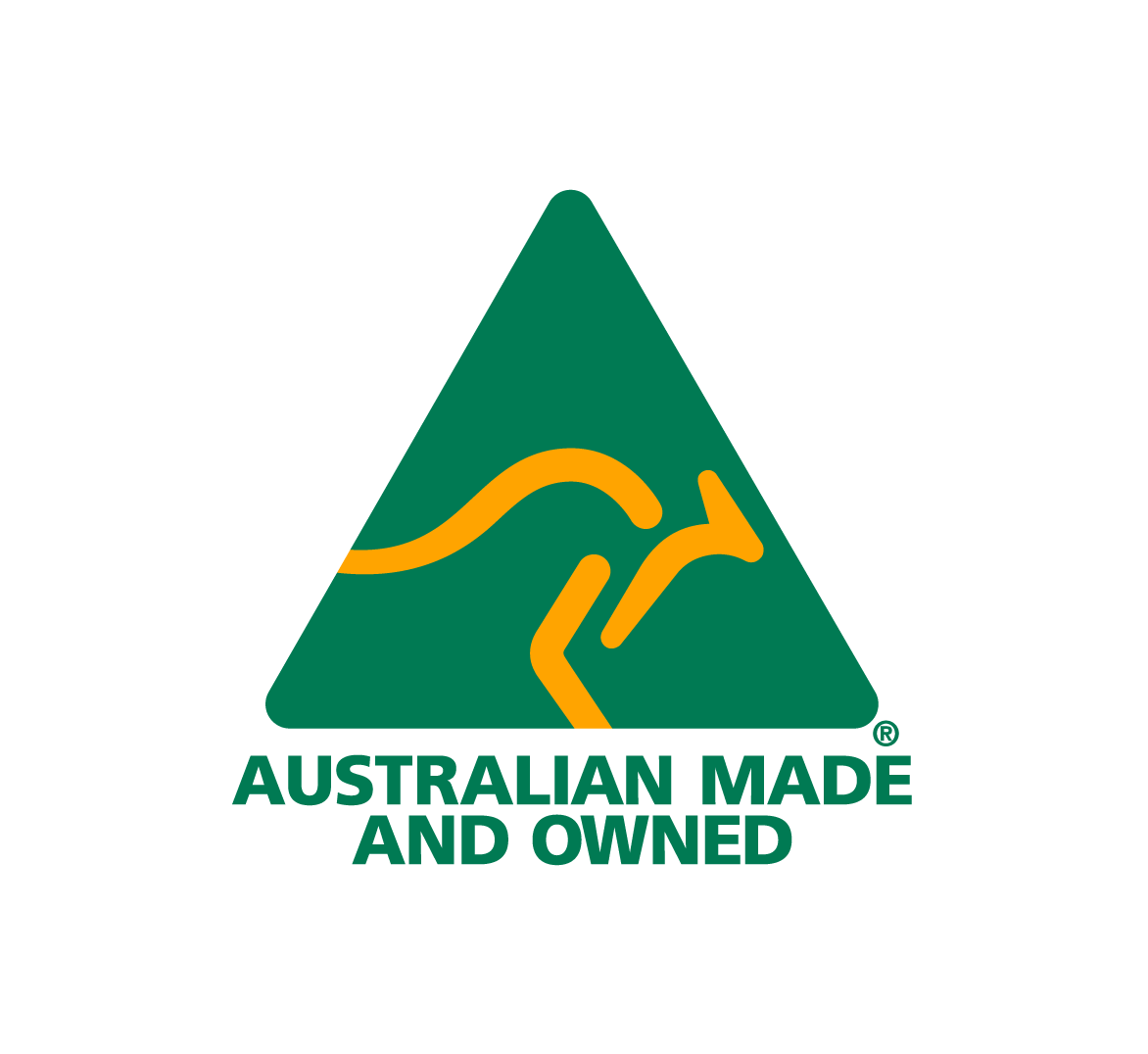 Alt text: Logo showing a green triangular sign with a yellow kangaroo in the center, alongside the text "AUSTRALIAN MADE AND OWNED" against a black background.