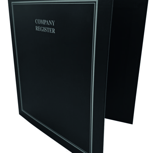 A black folder labeled 'Company Register' with a silver border, partially open to show its interior.