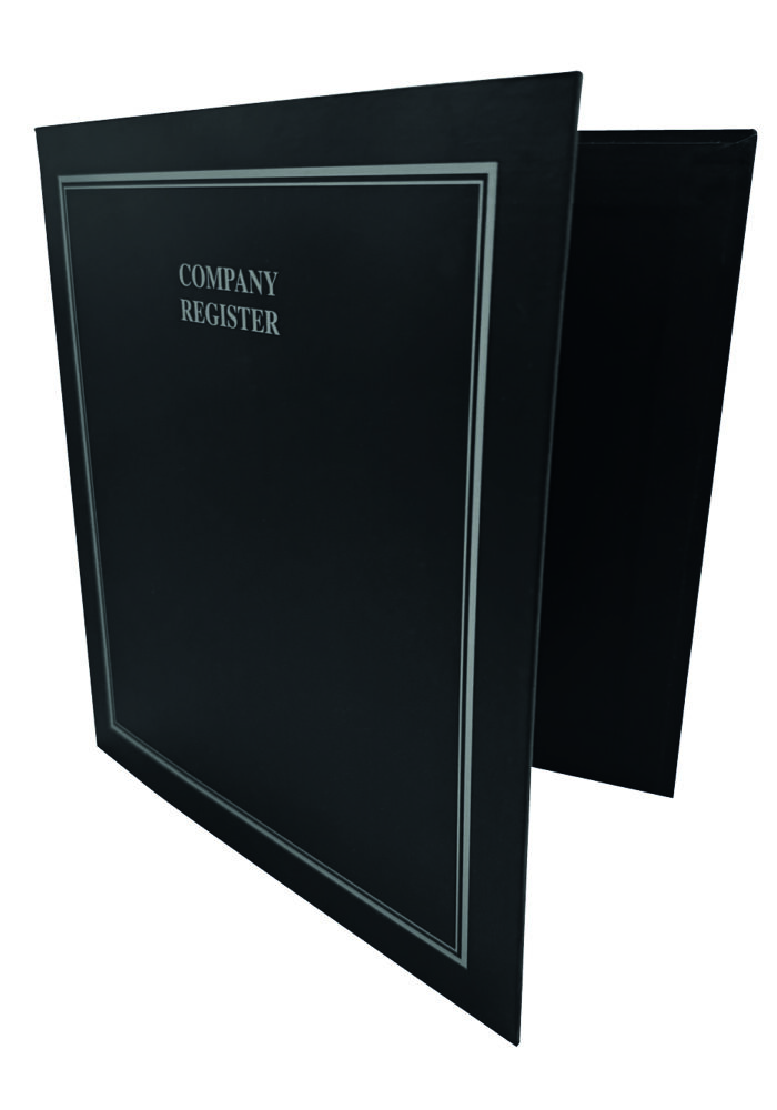 A black folder labeled 'Company Register' with a silver border, partially open to show its interior.