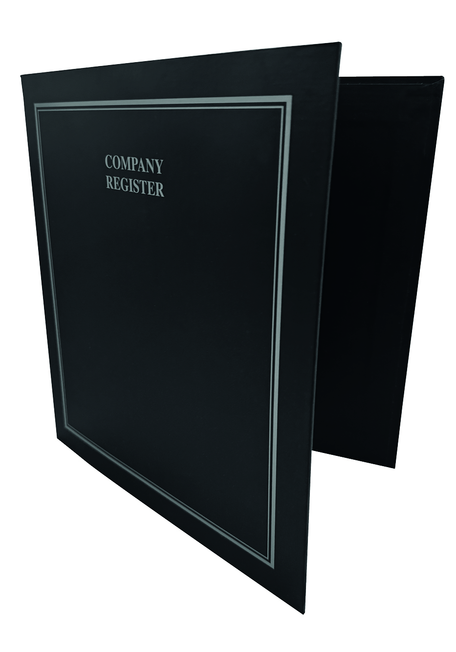 A black folder labeled 'Company Register' with a silver border, partially open to show its interior.