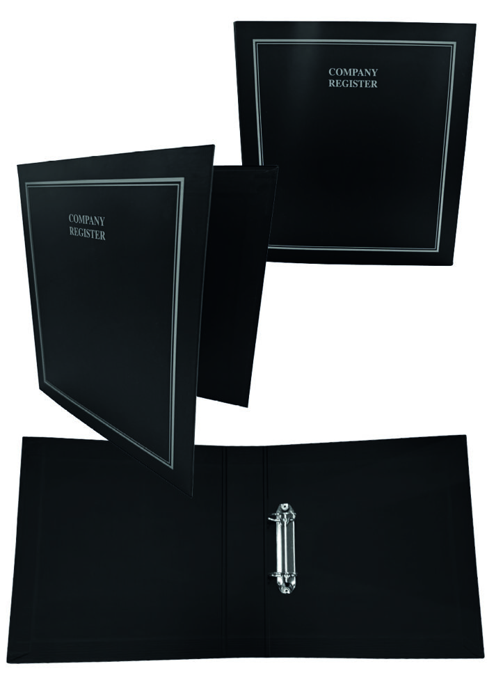 A sleek black company register folder with silver detailing, showcasing the words "COMPANY REGISTER" on the cover and an internal binder mechanism.
