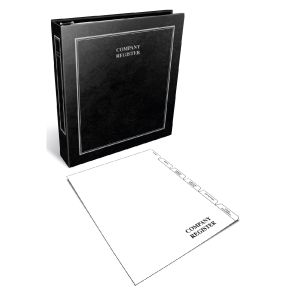 A black company register binder alongside a blank insert page labeled 'COMPANY REGISTER' with tab separators.