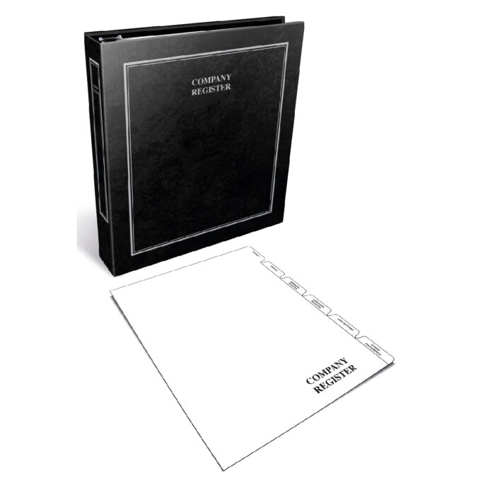 A black company register binder alongside a blank insert page labeled 'COMPANY REGISTER' with tab separators.