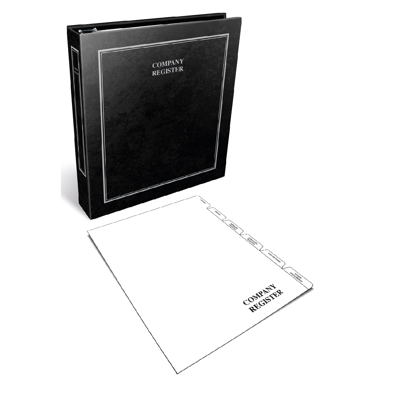 A black company register binder alongside a blank insert page labeled 'COMPANY REGISTER' with tab separators.