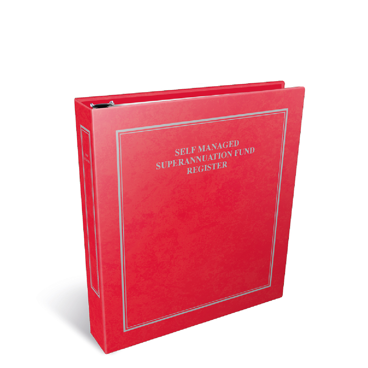 A red binder labeled 'Self Managed Superannuation Fund Register,' designed for organizing retirement fund documents.