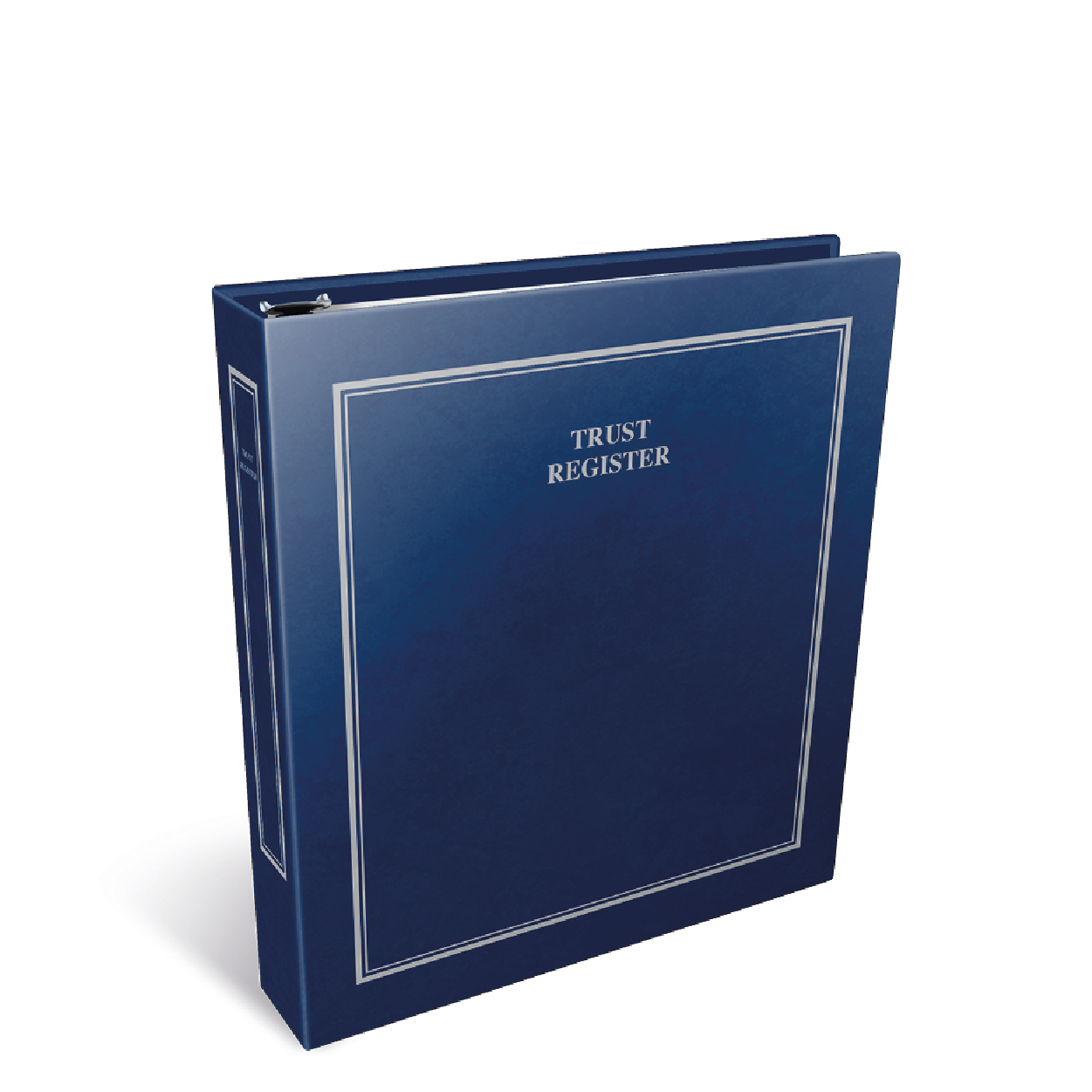 A blue binder labeled "Trust Register" with a silver border design, angled slightly to show its spine and cover.