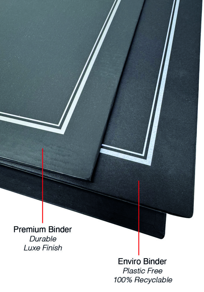 Close-up of two types of binders, one labeled "Premium Binder" with a durable luxe finish, and the other labeled "Enviro Binder" as plastic-free and 100% recyclable.