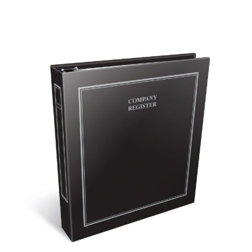 A sleek black binder labeled 'Company Register,' designed for organizing business documents and records.