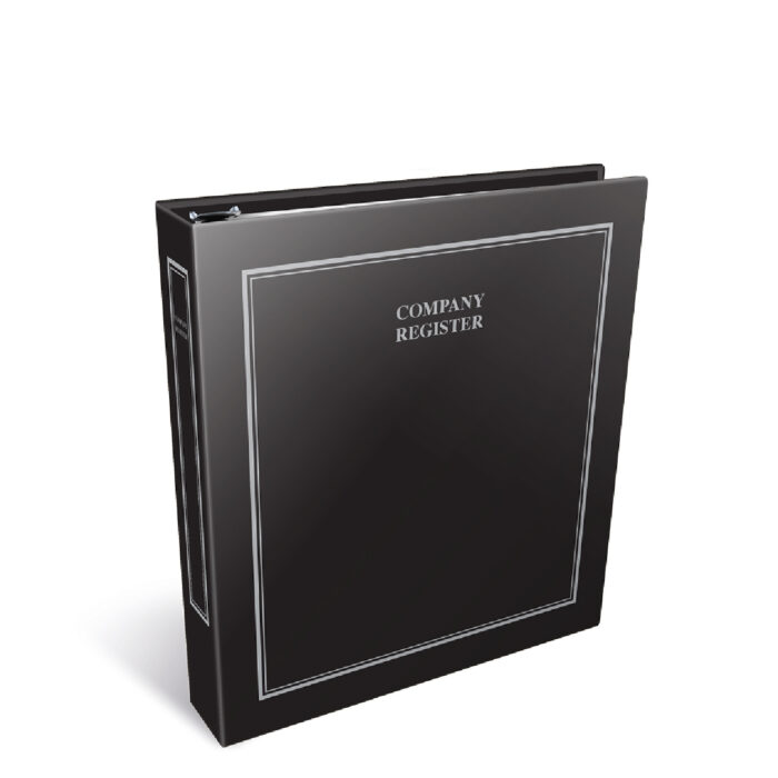 A sleek black binder labeled 'Company Register,' designed for organizing business documents and records.