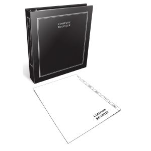 A black binder labeled 'Company Register' with a blank insert page beside it, showcasing a professional document organization tool.