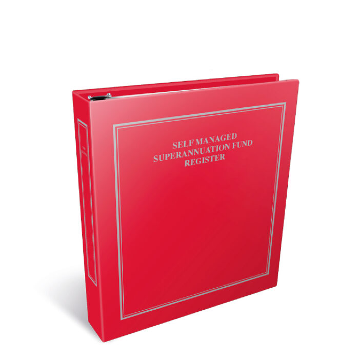 A red binder labeled 'Self Managed Superannuation Fund Register' featuring a simple design with a silver border.