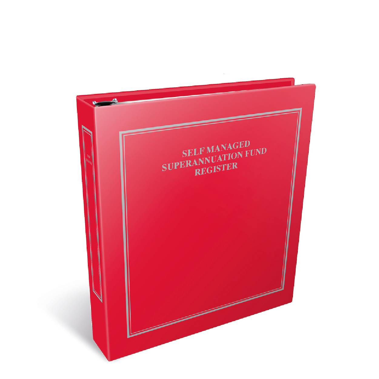 A red binder labeled 'Self Managed Superannuation Fund Register' featuring a simple design with a silver border.