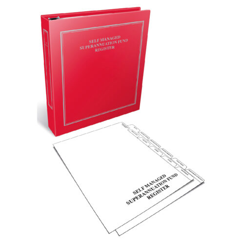 A red binder labeled 'Self Managed Superannuation Fund Register' with empty tabbed pages beside it.