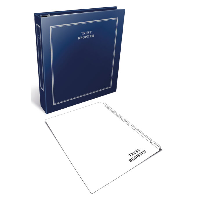 Image of a blue binder labeled "Trust Register" alongside blank dividers for organizing documents.