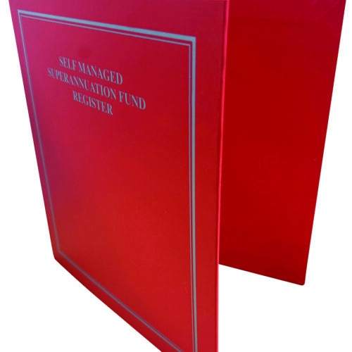 A red folder titled 'Self Managed Superannuation Fund Register' with a silver border.