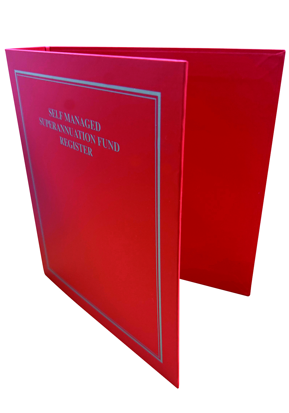 A red folder titled 'Self Managed Superannuation Fund Register' with a silver border.