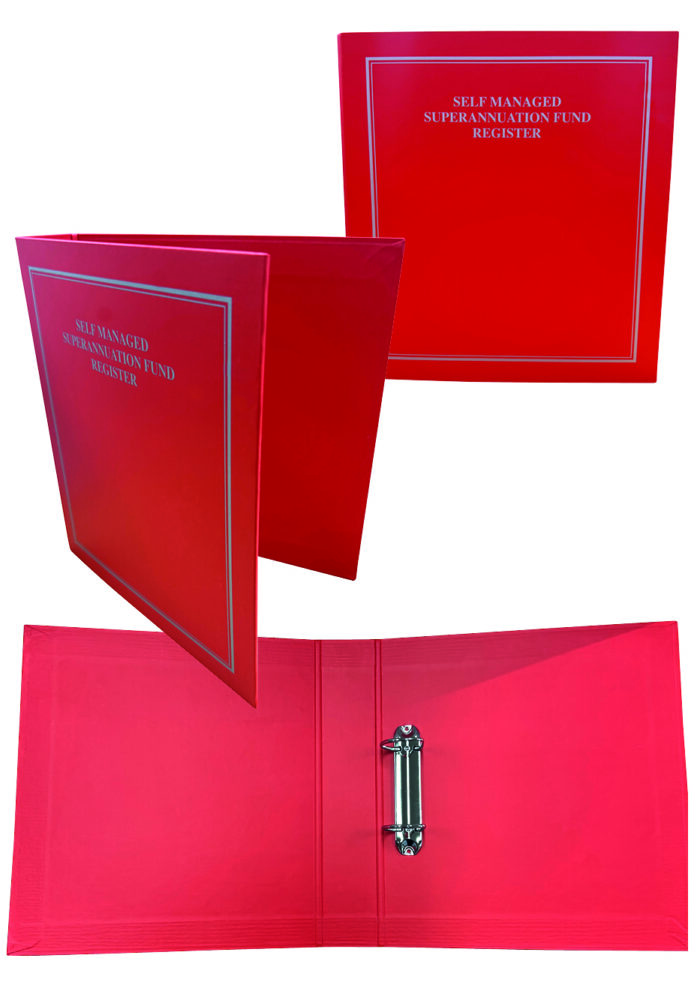 A bright red binder labeled "Self Managed Superannuation Fund Register," showcasing its front and open view with a metal ring mechanism inside.