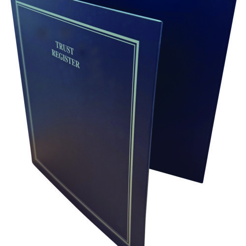 A dark blue folder with the text "TRUST REGISTER" embossed on the front, designed for organizing documents securely.