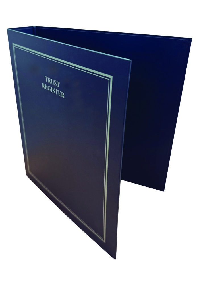 A dark blue folder with the text "TRUST REGISTER" embossed on the front, designed for organizing documents securely.