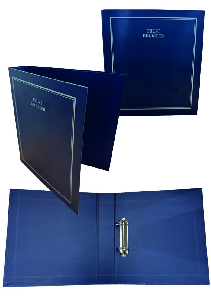 A blue binder labeled 'Trust Register' with a metallic ring mechanism, showcasing both the closed and open views.