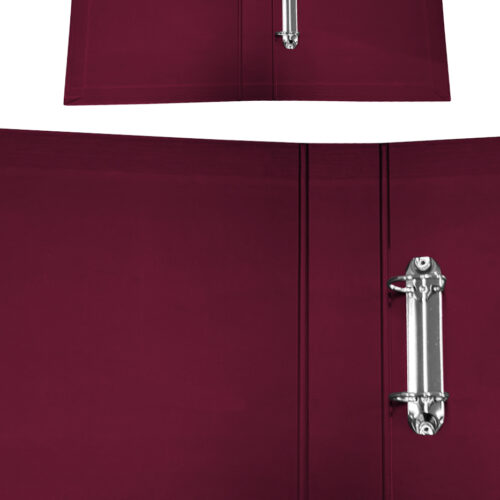 A closed burgundy document folder featuring a metallic clasp and subtle texture, displayed from two angles.