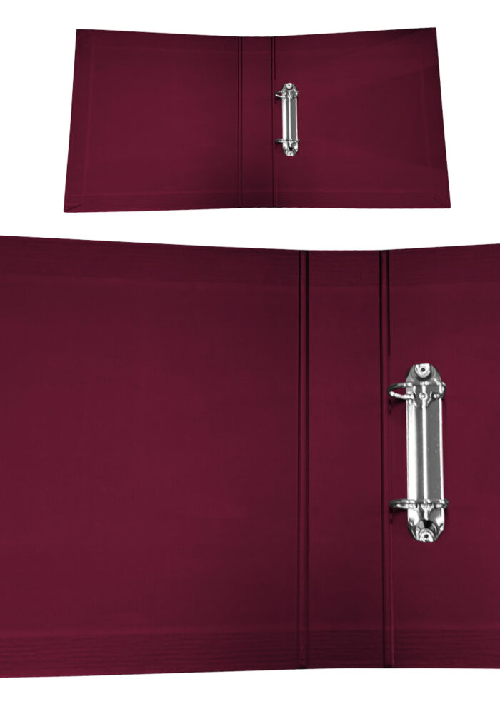 A closed burgundy document folder featuring a metallic clasp and subtle texture, displayed from two angles.