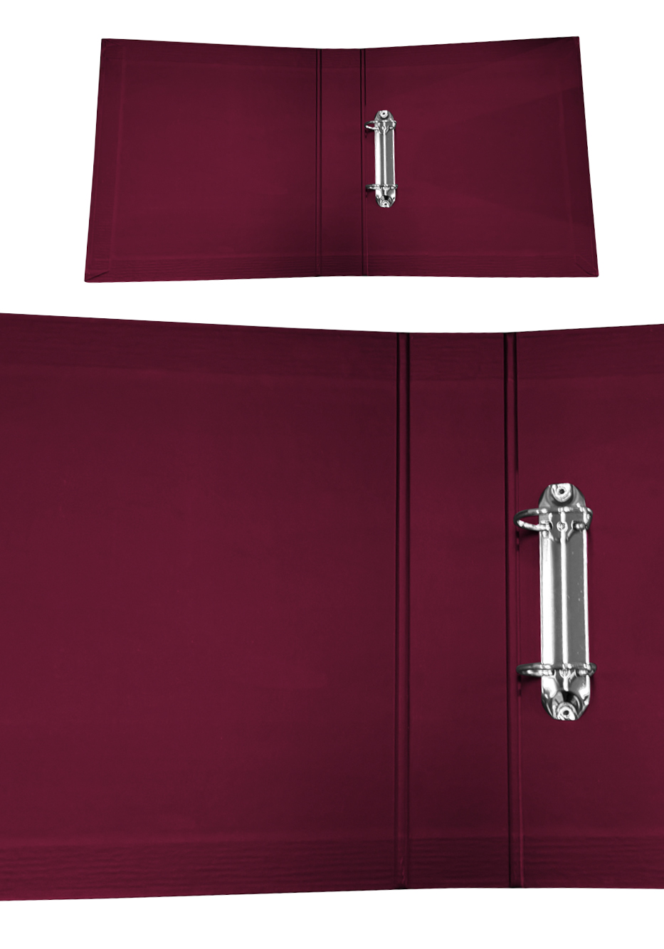A closed burgundy document folder featuring a metallic clasp and subtle texture, displayed from two angles.