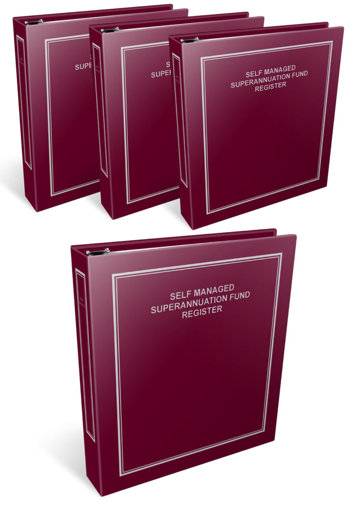 Four maroon binders labeled 'Self Managed Superannuation Fund Register' arranged together.