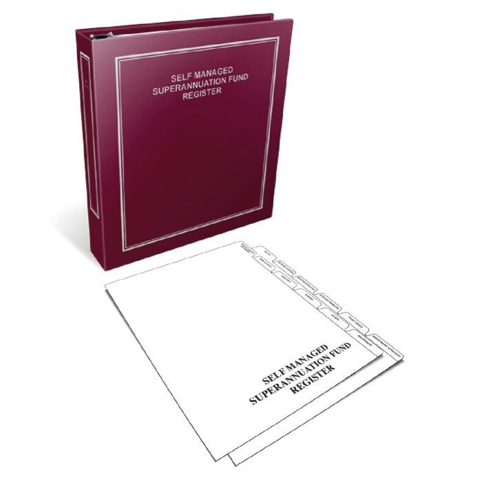 A burgundy binder labeled 'Self Managed Superannuation Fund Register' with an open section displaying its contents and tabbed dividers.
